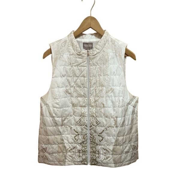 Chico's Size 1 Women's  White Tan Gold Vest Front Zip Side Pockets Polyester - Picture 1 of 5